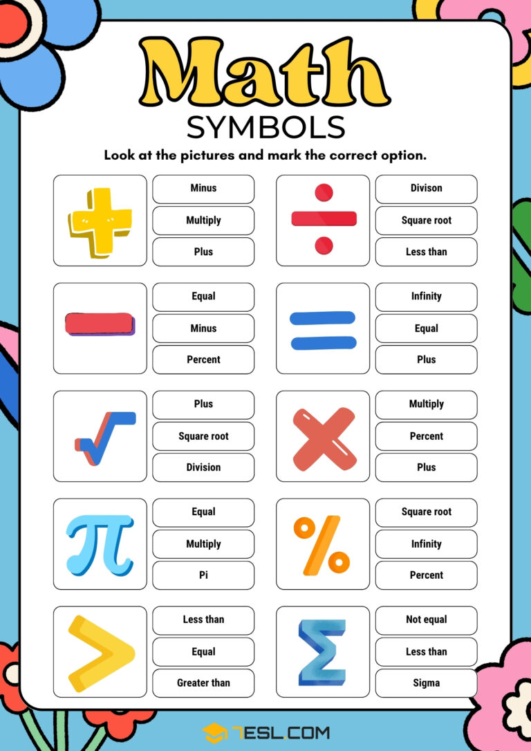 Math Symbols Worksheets: Free Printable PDF for Kids • 7ESL