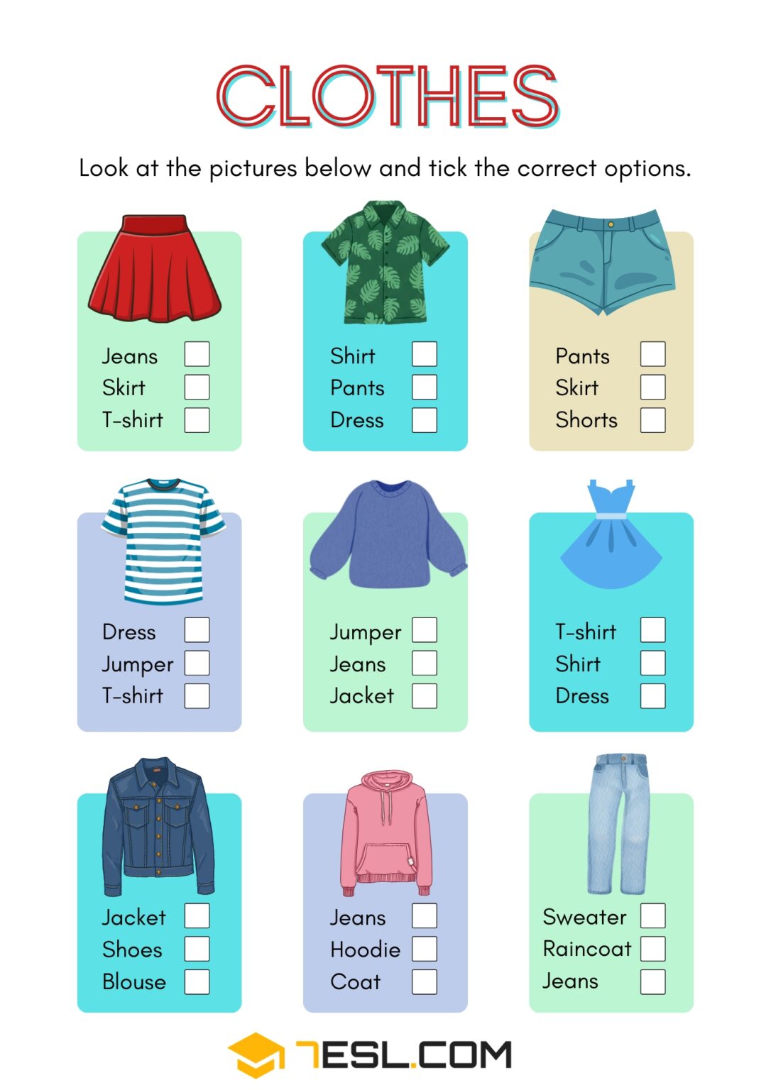 Clothes and Accessories Worksheets for Kids (Free PDF) • 7ESL