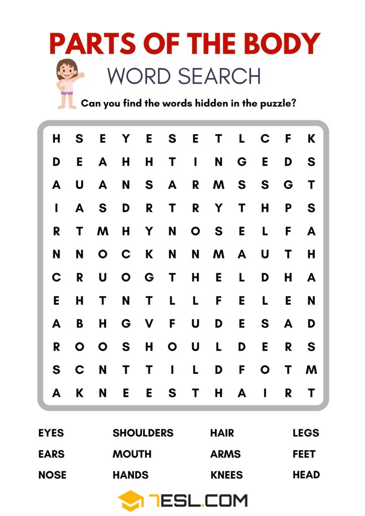Free Parts of the Body Worksheets for Kids (PDF) • 7ESL