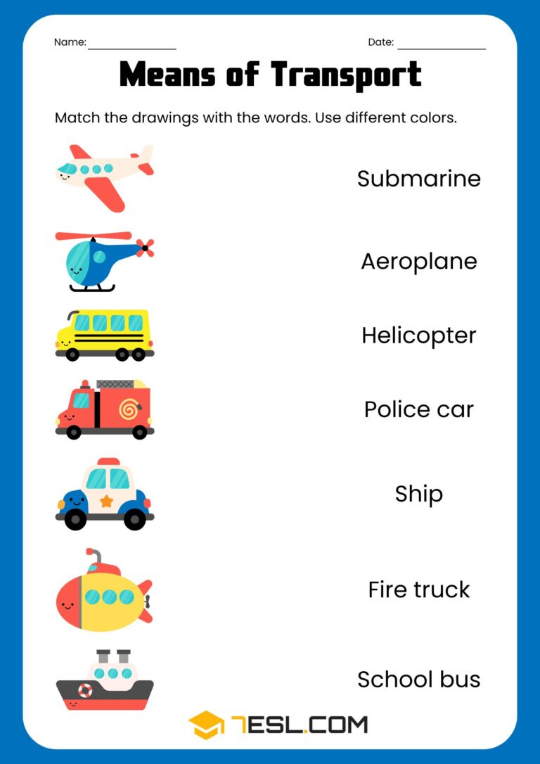 Printable Means of Transport Worksheets for Kids • 7ESL