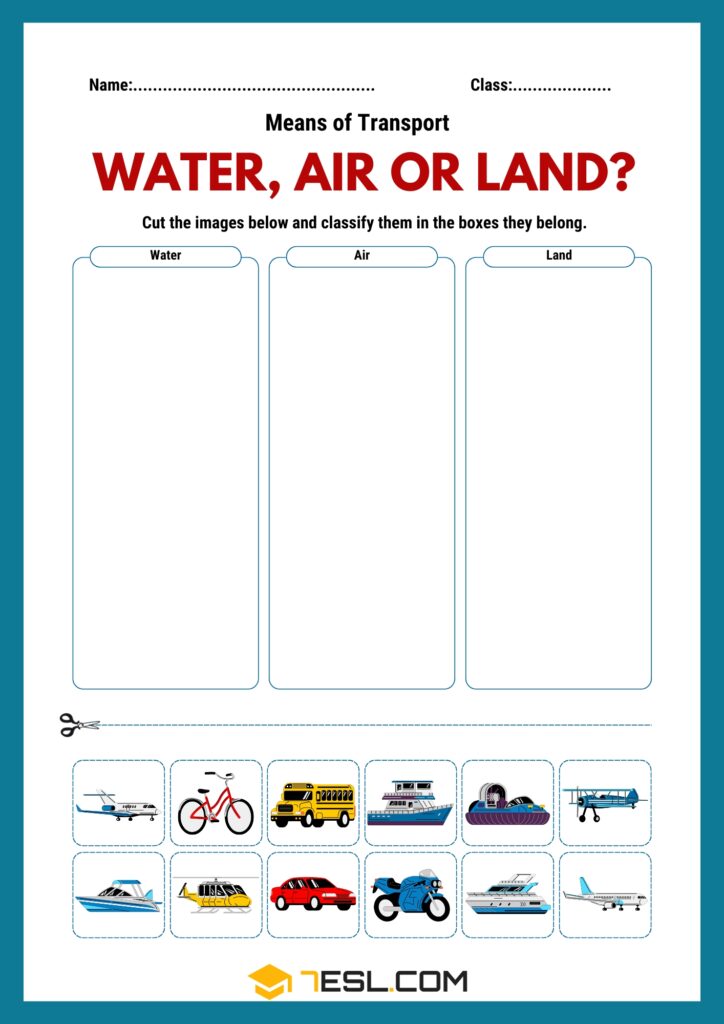 Free Printable Means of Transport Worksheets (PDF) for Kids • 7ESL