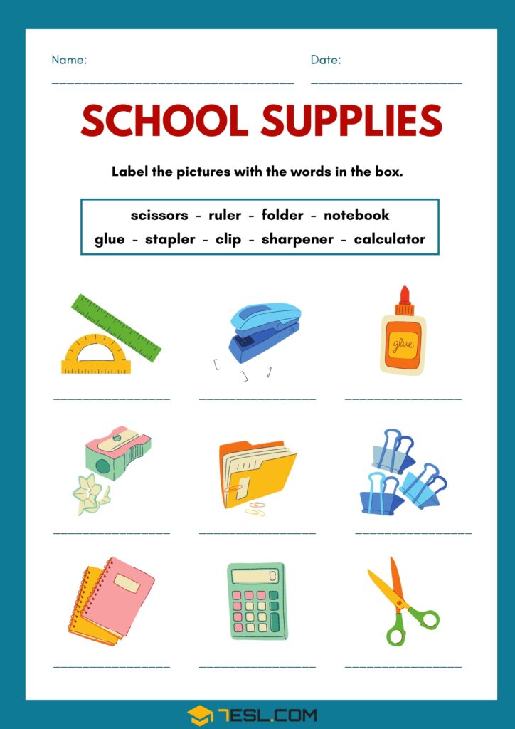 Free Printable School Supplies Worksheets for Kids (PDF) • 7ESL