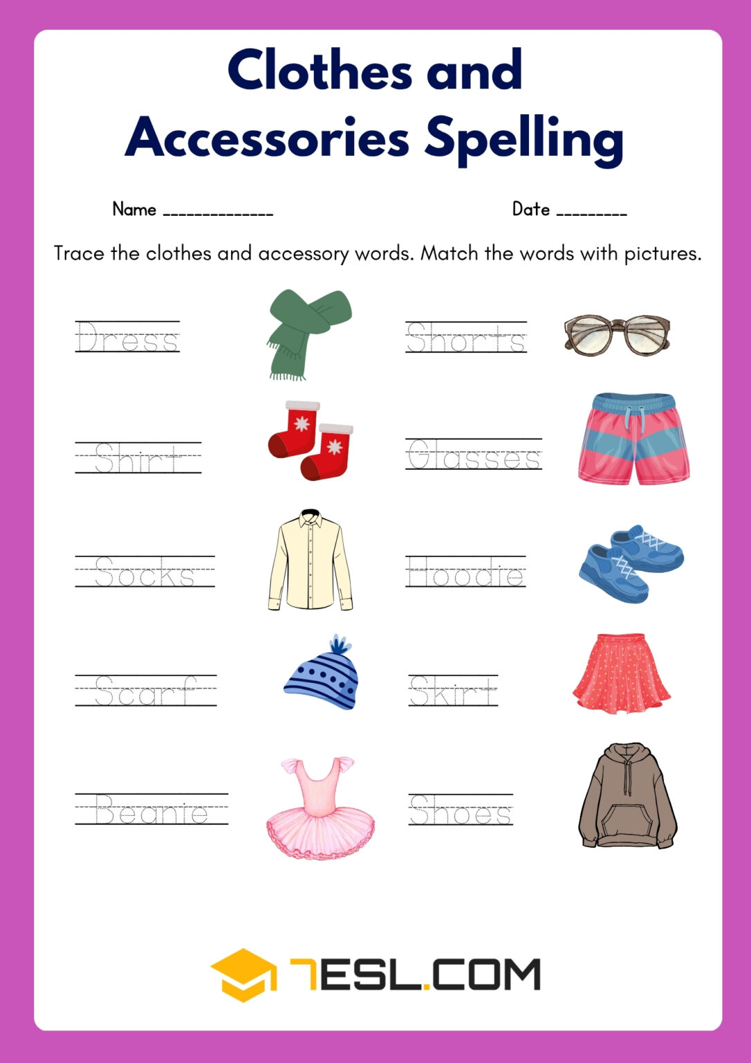 Clothes and Accessories Worksheets for Kids (Free PDF) • 7ESL