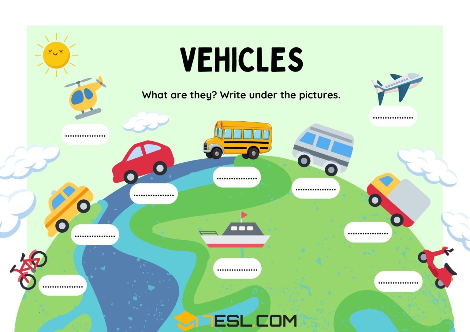 Free Printable Means of Transport Worksheets (PDF) for Kids • 7ESL