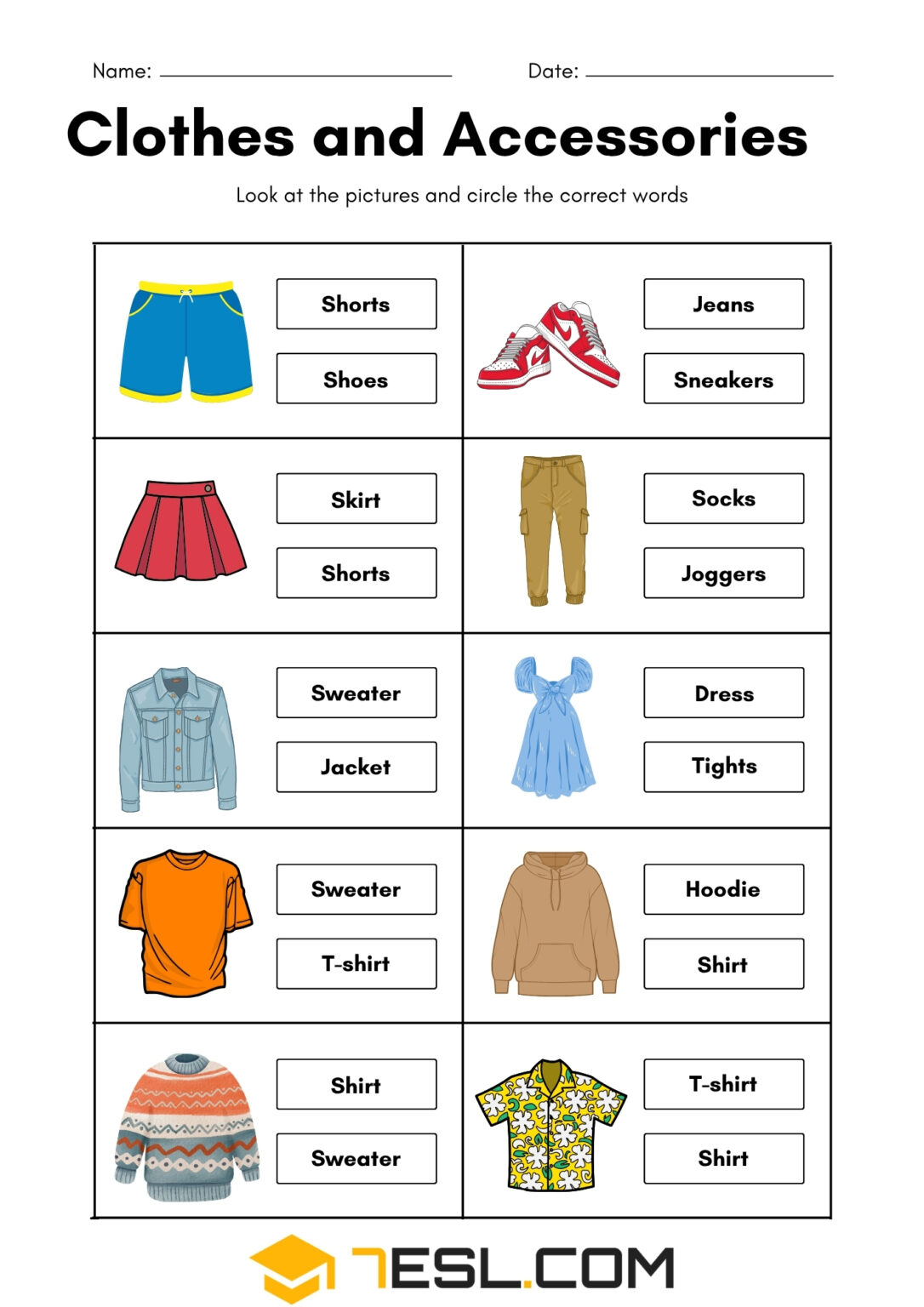Clothes and Accessories Worksheets for Kids (Free PDF) • 7ESL
