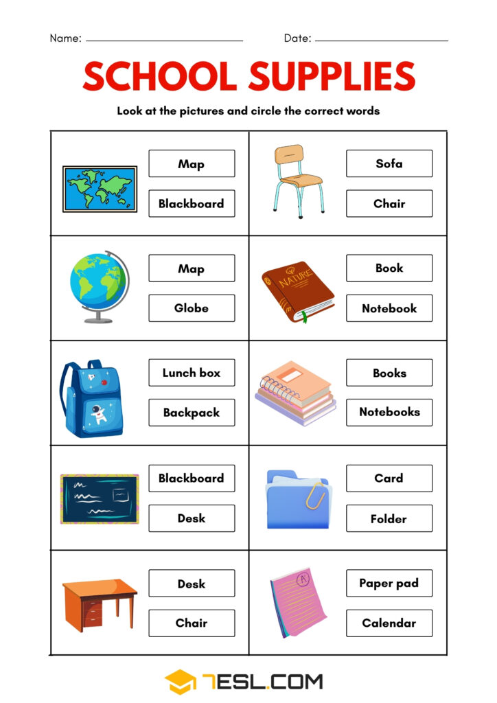 Free Printable School Supplies Worksheets for Kids (PDF) • 7ESL
