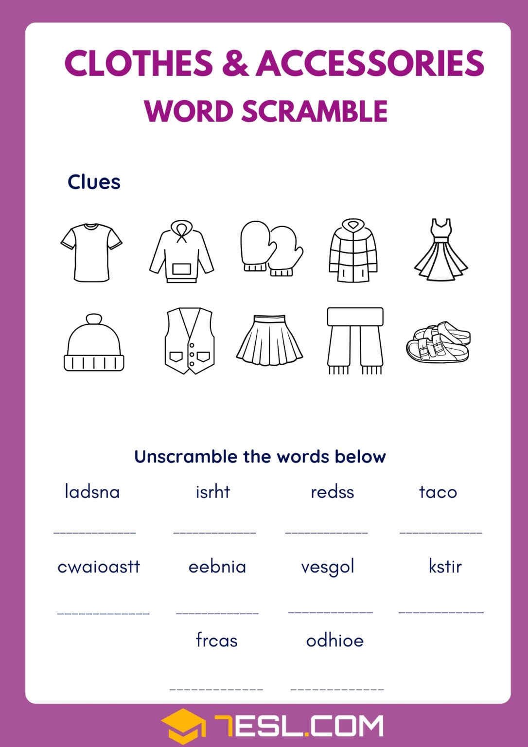 Clothes and Accessories Worksheets for Kids (Free PDF) • 7ESL