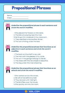Prepositional Phrases Worksheets & Exercises (Free PDF) • 7ESL