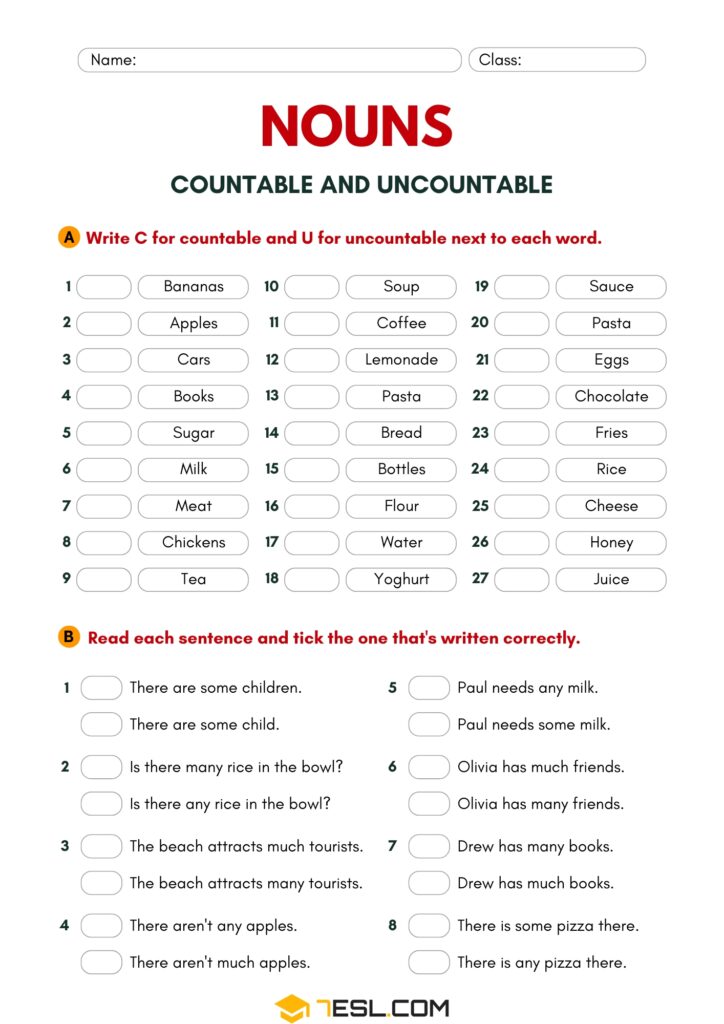 Countable Worksheets Countable and Uncountable Nouns Worksheets (Free PDF) • 7ESL
