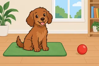 A happy brown dog sits on a green mat. A red ball is on the floor next to the mat.