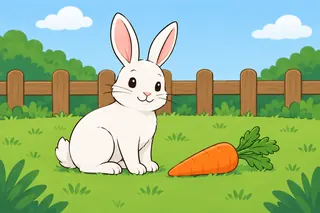 A white rabbit with long ears sits on green grass. An orange carrot is next to it and a wooden fence is behind it.