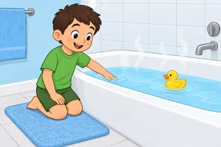 A smiling boy in a green T-shirt kneels by the bathtub and touches the warm, steaming water. One yellow toy duck swims in the bath.