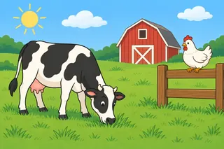 A black-and-white cow eats grass in a green field. One white hen sits on a wooden fence. A red barn is behind them.