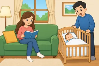A mom reads a book on a green sofa. A baby sleeps in a wooden cot, and a smiling dad in a blue jumper stands next to it.