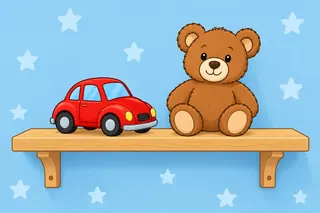 A wooden shelf holds two toys: a small red toy car and a soft brown teddy bear.