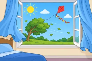 An open bedroom window with blue curtains blowing in. Outside, the sun shines, a tree bends in the wind, leaves blow and a red kite flies.