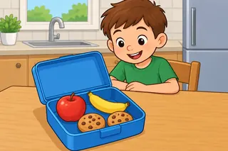 An open blue lunchbox holds one red apple, one yellow banana and two cookies. A smiling boy in a green T-shirt sits behind it.