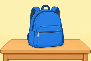 A closed blue school bag on a wooden desk.