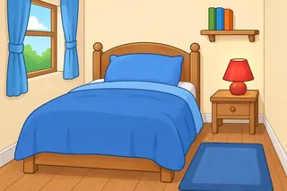 A small bedroom with a bed with a blue blanket and pillow, a red lamp on a little table, and a shelf with three books.