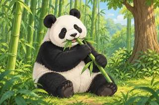 A big black-and-white panda with soft, fluffy fur and two round black ears sits in tall bamboo, eating a long green stick of bamboo.