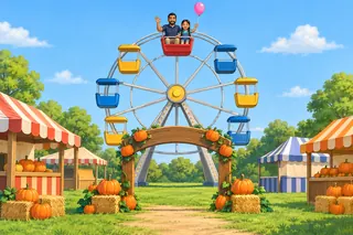 A sunny harvest fair with pumpkins by the gate; a girl and her dad wave from the red seat at the very top of a tall wheel.