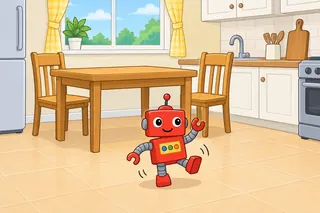 A little red toy robot dances on the floor of a bright kitchen with a table, two chairs and a window.