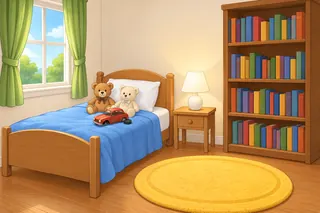 A child's bedroom with a small bed and a soft blue blanket, a big brown bookcase full of books, a round yellow rug, a white lamp on a little table and green curtains.