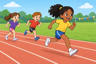 On sports day, a girl in a yellow T-shirt and blue shorts runs very fast on a track, ahead of two other children.