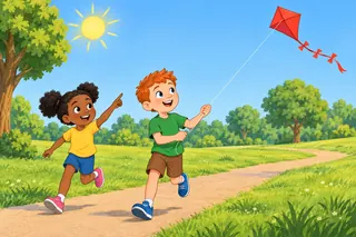 A sunny morning with a yellow sun and a blue sky over a park; two children in T-shirts fly one red kite.