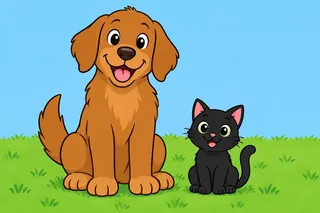 A big brown dog and a small black cat sit side by side on green grass.