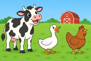 A black-and-white cow, a white duck and a brown hen on green grass, a red barn behind them.