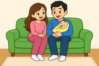A smiling mom and dad sit on a green sofa; the dad holds a small smiling baby in a yellow blanket.