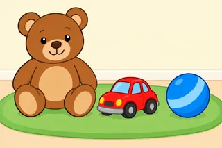 A big brown teddy bear, a red toy car and a blue ball on a green rug.