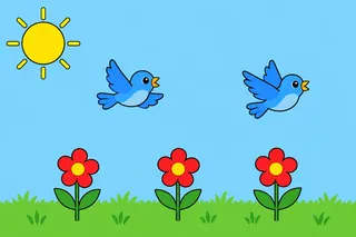One yellow sun, two small blue birds flying and three red flowers on the grass.