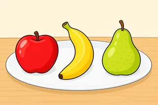 A red apple, a yellow banana and a green pear on a white plate.