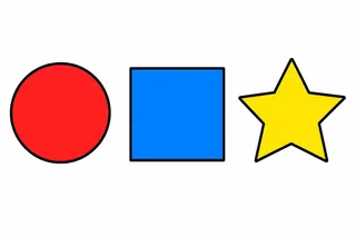 A red circle, a blue square and a yellow star in a row on a white background.