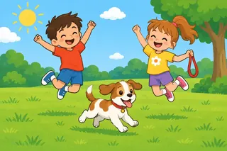 In a sunny park a puppy runs on the grass while a boy and a girl jump high. The girl holds a red lead.