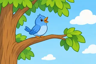 A little blue bird sings on a branch high up in a tree.