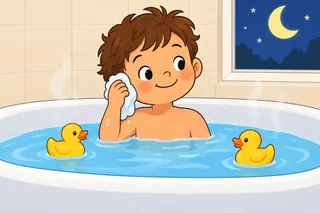 At night a boy sits in a bath of warm water and washes his ear with a cloth. Two yellow toy ducks float in the water.