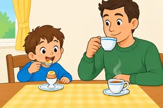 At a breakfast table a boy eats a boiled egg and a man drinks hot tea. There are two cups of tea.