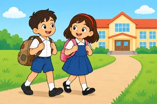 A boy and a girl walk to school. The boy has an old bag with patches on it.