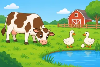On a farm a big cow eats grass. Two white ducks stand by a pond and there is an egg next to them.