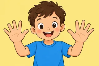 A smiling boy holds up his two hands with the fingers spread wide.