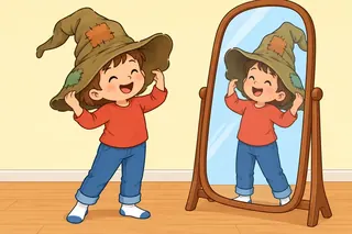 A child wears a big, old, funny hat with patches and laughs at it in the mirror.