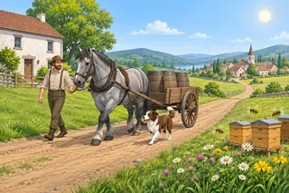 On a farm a strong grey horse pulls a cart of water barrels towards the village. A farm dog runs beside it, and bees fly near beehives and flowers in the green field.