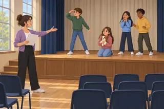 In the school hall after lessons, a young woman teacher directs four students rehearsing a short play on the stage. One student kneels and holds a toy puppy, and another searches into the distance.