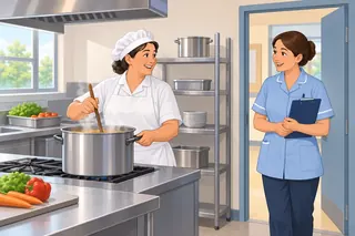 In the school kitchen a smiling cook in a white apron and cap stirs a big pot and talks to the nurse at the door.
