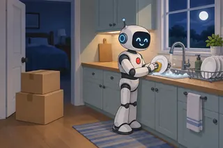 At night a small white robot with a red button on its chest washes plates at the sink. Two big boxes stand by the door.