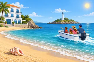 A white hotel stands next to a sandy beach. A family sails in a small boat to a little island with a tall white lighthouse, and a shell lies on the sand.