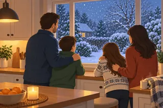 On a winter evening a family of four stands at the warm kitchen window and watches snow fall on the garden.